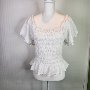 Celebrity Pink White Smocked Flutter Sleeve Peplum Top XXXL Square Neck Textured